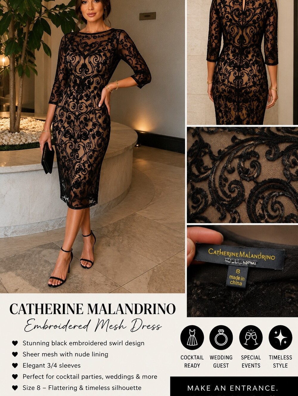 🔥Catherine Malandrino Embroidered Mesh Cocktail Dress – Black & Nude – Size 8🔥